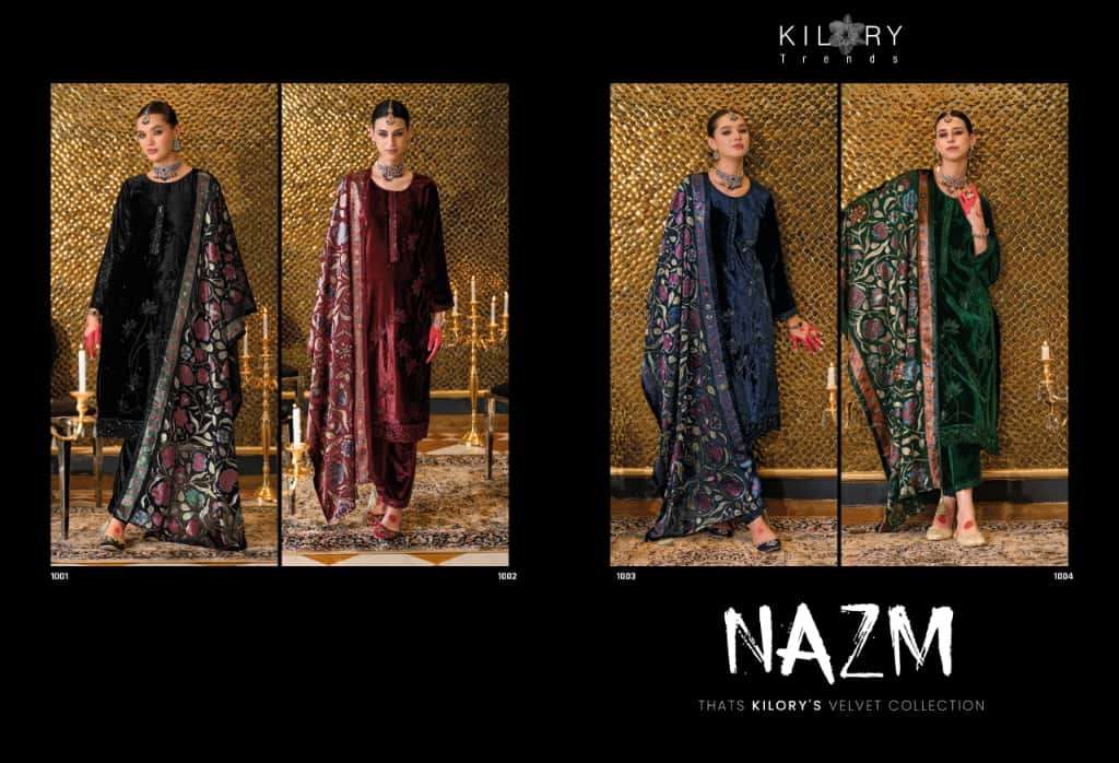 NAZM BY KILORY TRENDS IN PURE VALVET WITH PLACE MENT BEADS EMBROIDERY NECK 