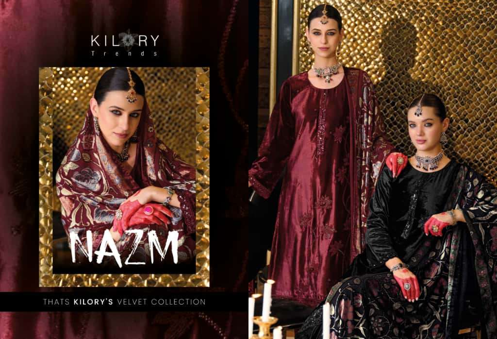 NAZM BY KILORY TRENDS IN PURE VALVET WITH PLACE MENT BEADS EMBROIDERY NECK 