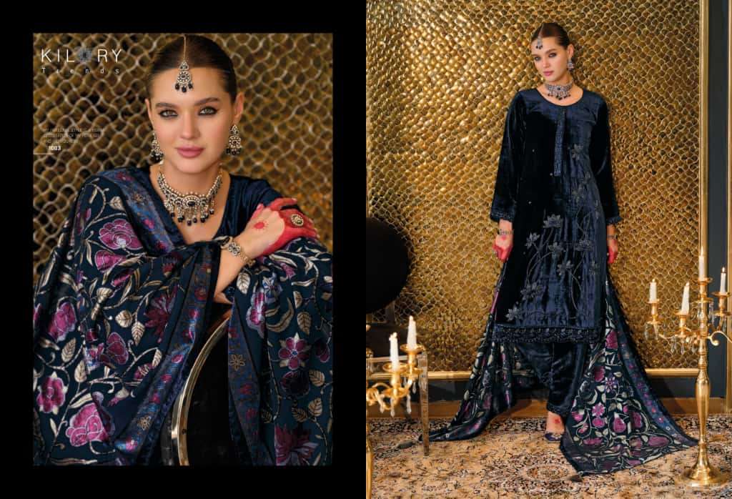 NAZM BY KILORY TRENDS IN PURE VALVET WITH PLACE MENT BEADS EMBROIDERY NECK 