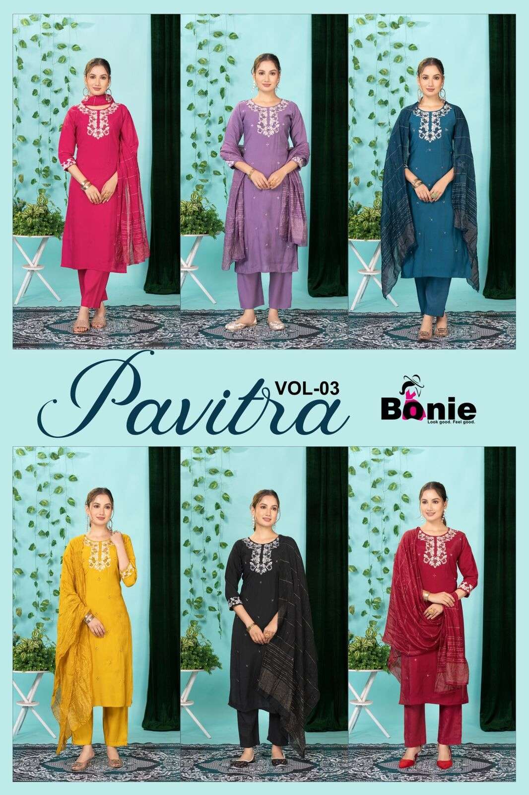 PAVITRA VOL-3 BY BONIE IN PV FANCY FABRIC WITH EMBROIDERY WORK KURTI PANT WITH DUPATTA 