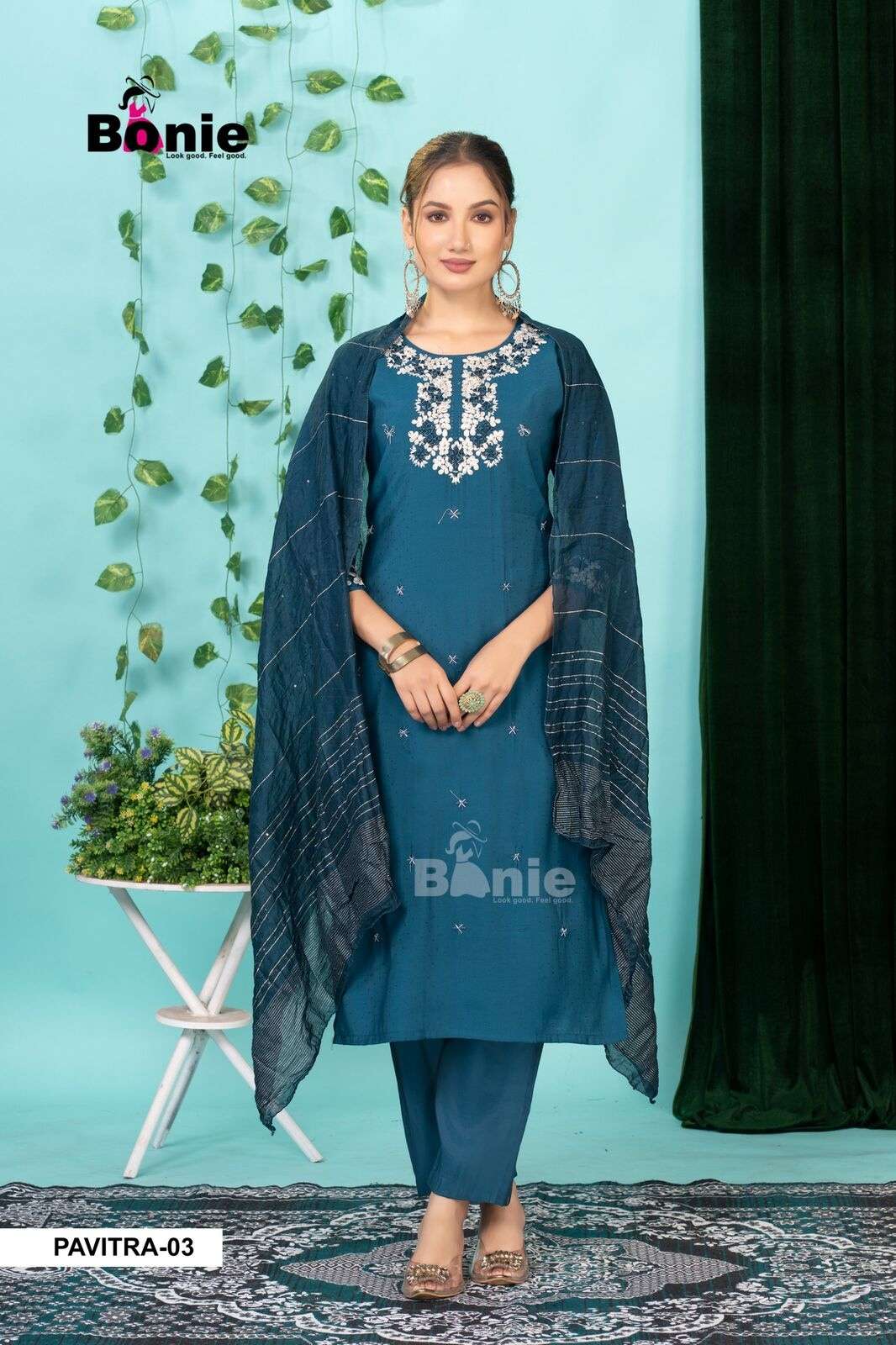 PAVITRA VOL-3 BY BONIE IN PV FANCY FABRIC WITH EMBROIDERY WORK KURTI PANT WITH DUPATTA 