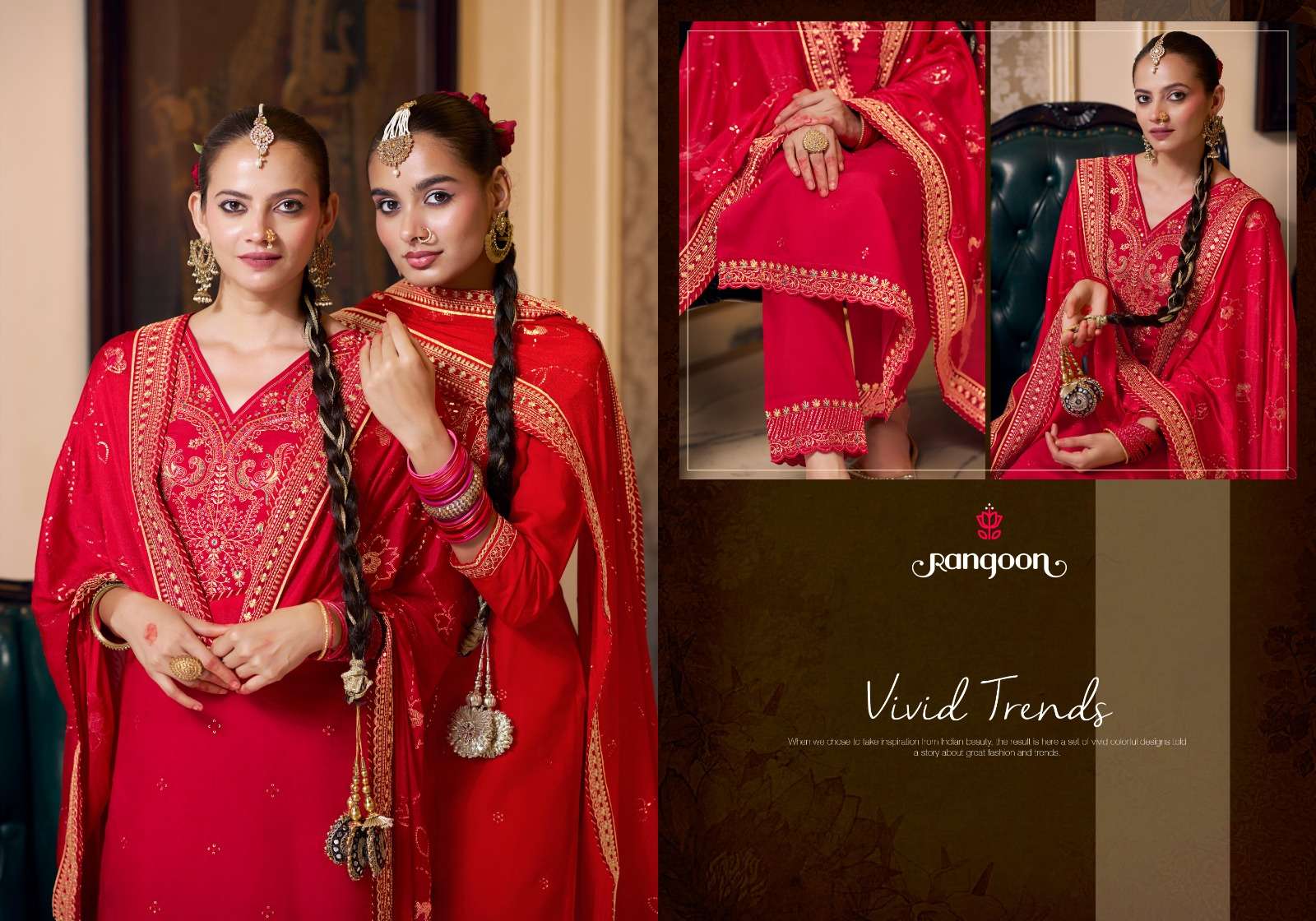 PAVITRA VOL-3 BY RANGOON IN SILK WITH FANCY EMBROIDERY WORK RED COLOUR KURTI PANT WITH DUPATTA 