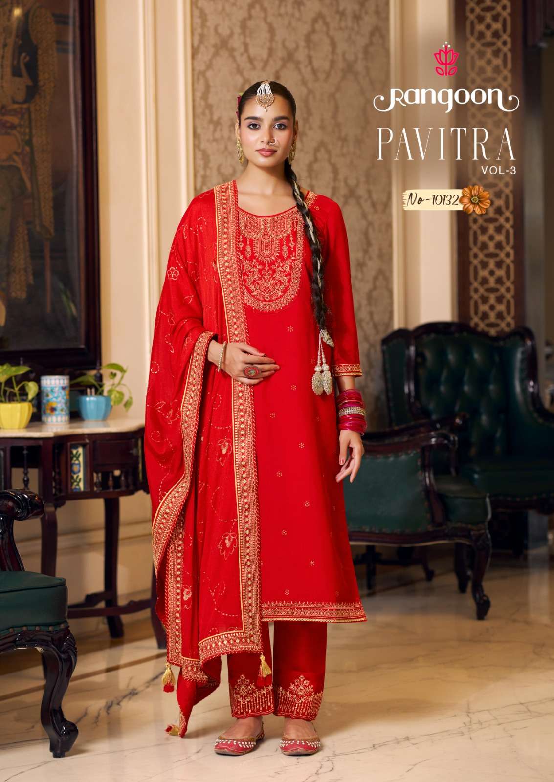 PAVITRA VOL-3 BY RANGOON IN SILK WITH FANCY EMBROIDERY WORK RED COLOUR KURTI PANT WITH DUPATTA 