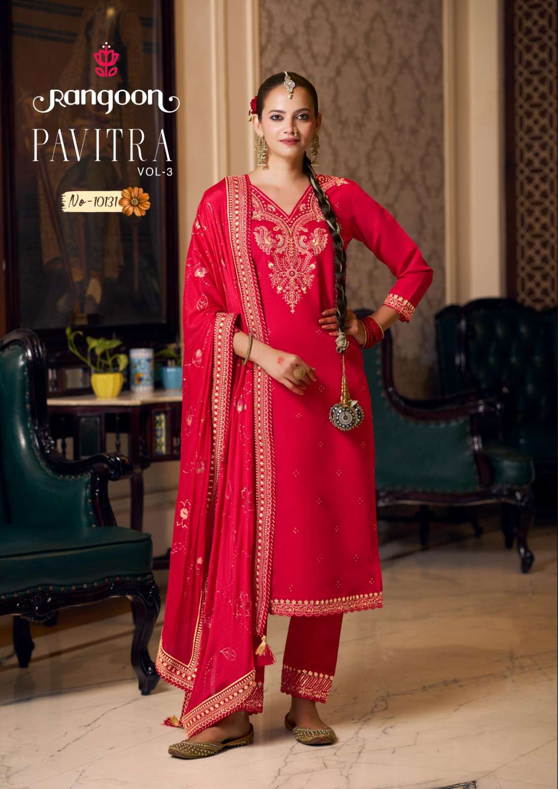 PAVITRA VOL-3 BY RANGOON IN SILK WITH FANCY EMBROIDERY WORK RED COLOUR KURTI PANT WITH DUPATTA 