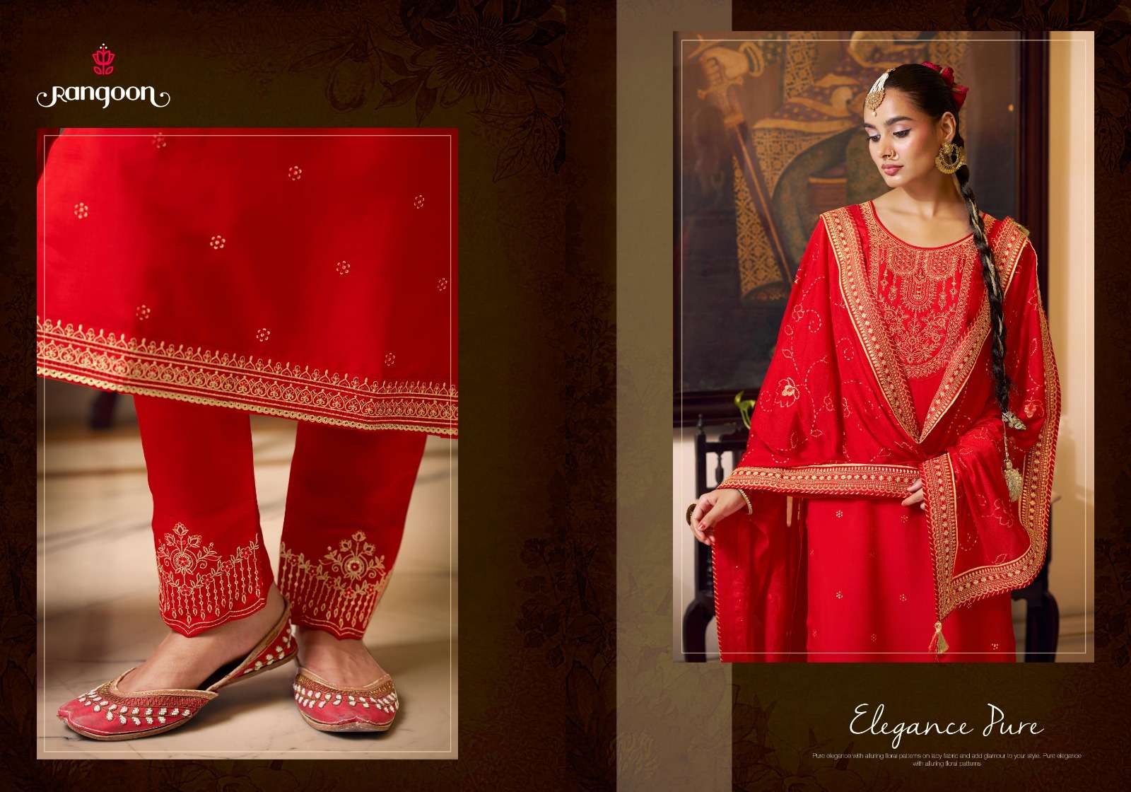 PAVITRA VOL-3 BY RANGOON IN SILK WITH FANCY EMBROIDERY WORK RED COLOUR KURTI PANT WITH DUPATTA 