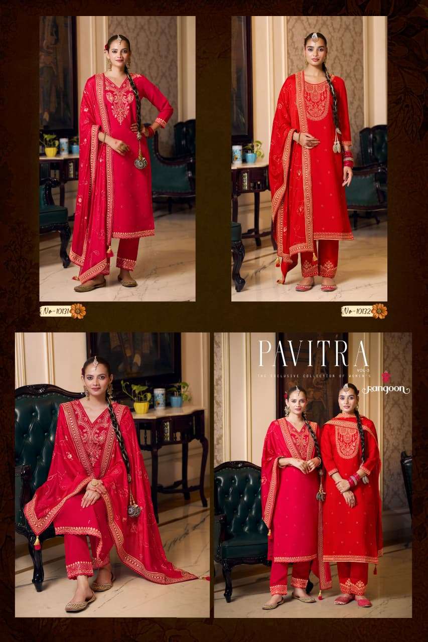 PAVITRA VOL-3 BY RANGOON IN SILK WITH FANCY EMBROIDERY WORK RED COLOUR KURTI PANT WITH DUPATTA 