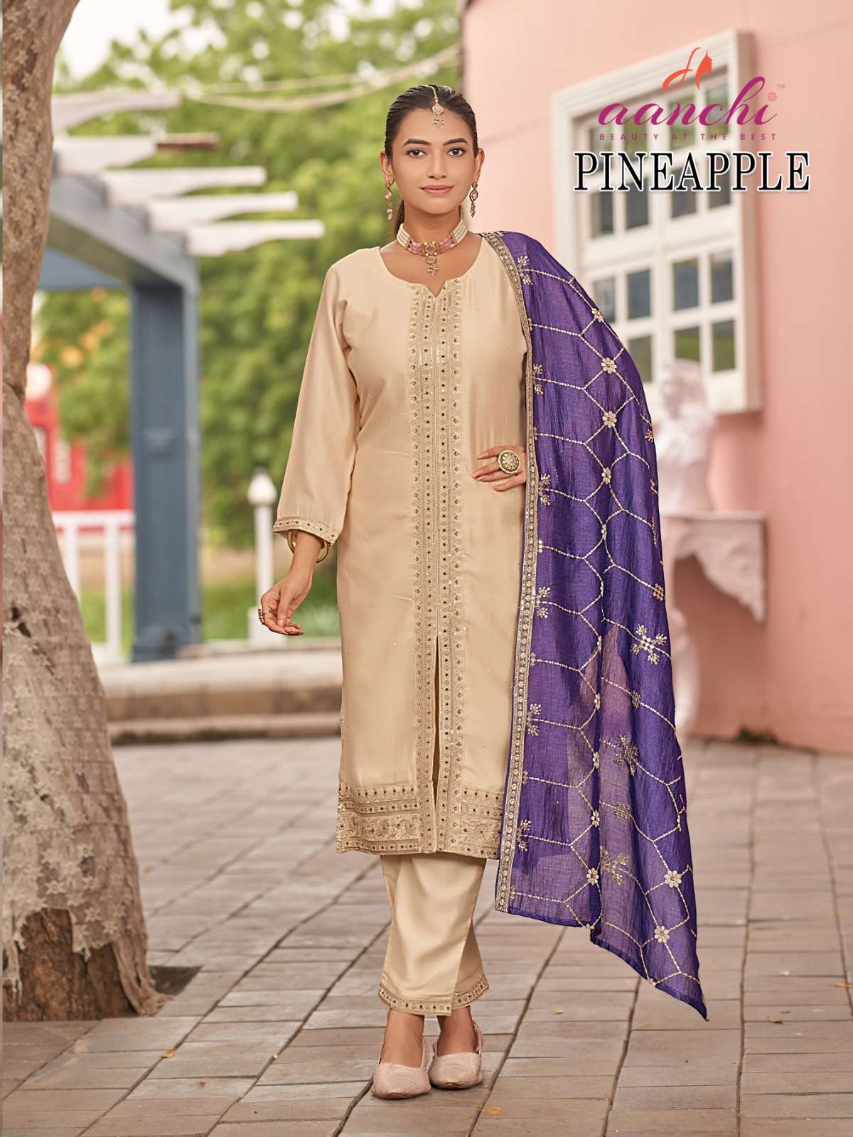 PINEAPPLE BY AANCHI IN VICHITRA SILK WITH FANCY CONTRAS DUPATTA WORK 