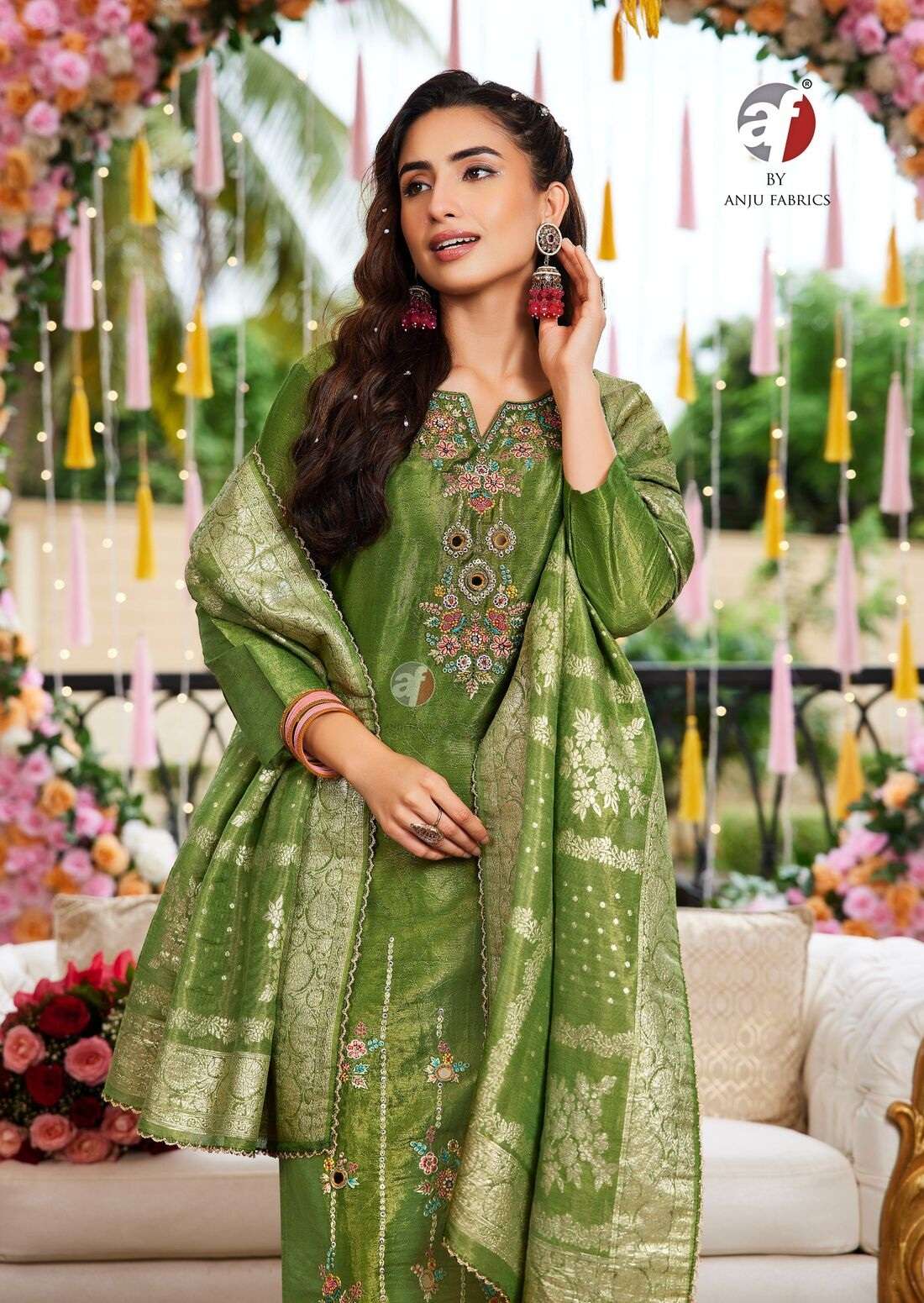 RANGAT BY ANJU FABRICS IN TISSUE SHIMMER WITH SELF DESIGN KURTI PANT WITH CONTRAST DUPATTA 