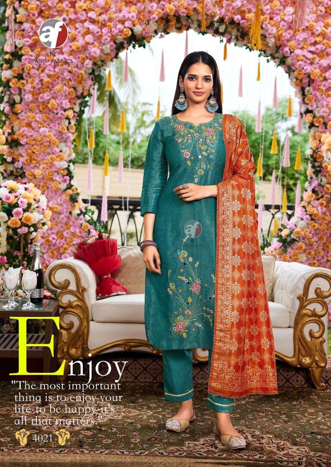 RANGAT BY ANJU FABRICS IN TISSUE SHIMMER WITH SELF DESIGN KURTI PANT WITH CONTRAST DUPATTA 