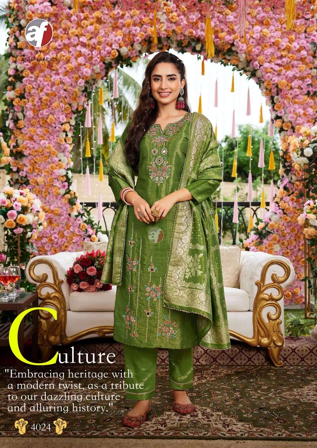 RANGAT BY ANJU FABRICS IN TISSUE SHIMMER WITH SELF DESIGN KURTI PANT WITH CONTRAST DUPATTA 