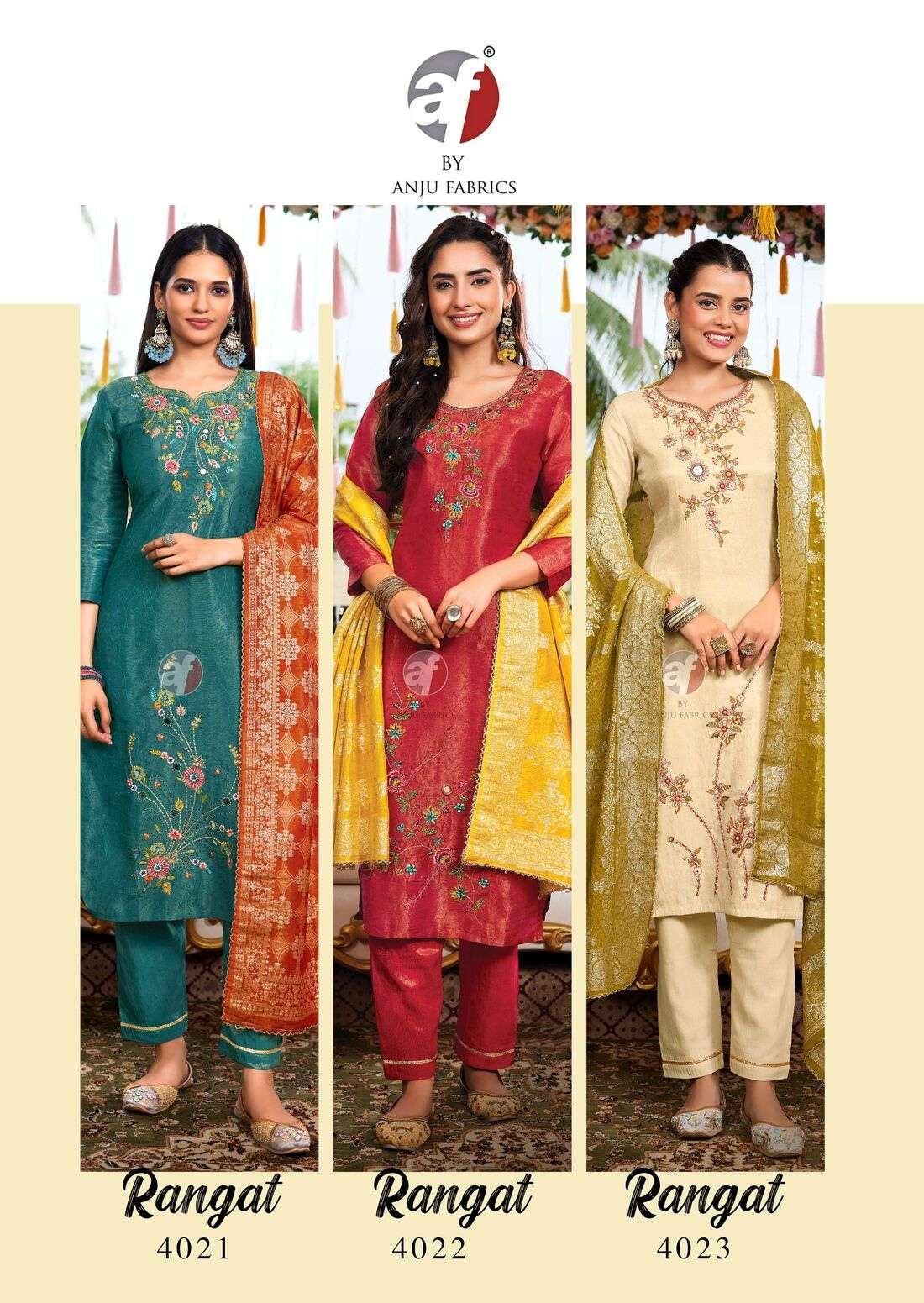 RANGAT BY ANJU FABRICS IN TISSUE SHIMMER WITH SELF DESIGN KURTI PANT WITH CONTRAST DUPATTA 