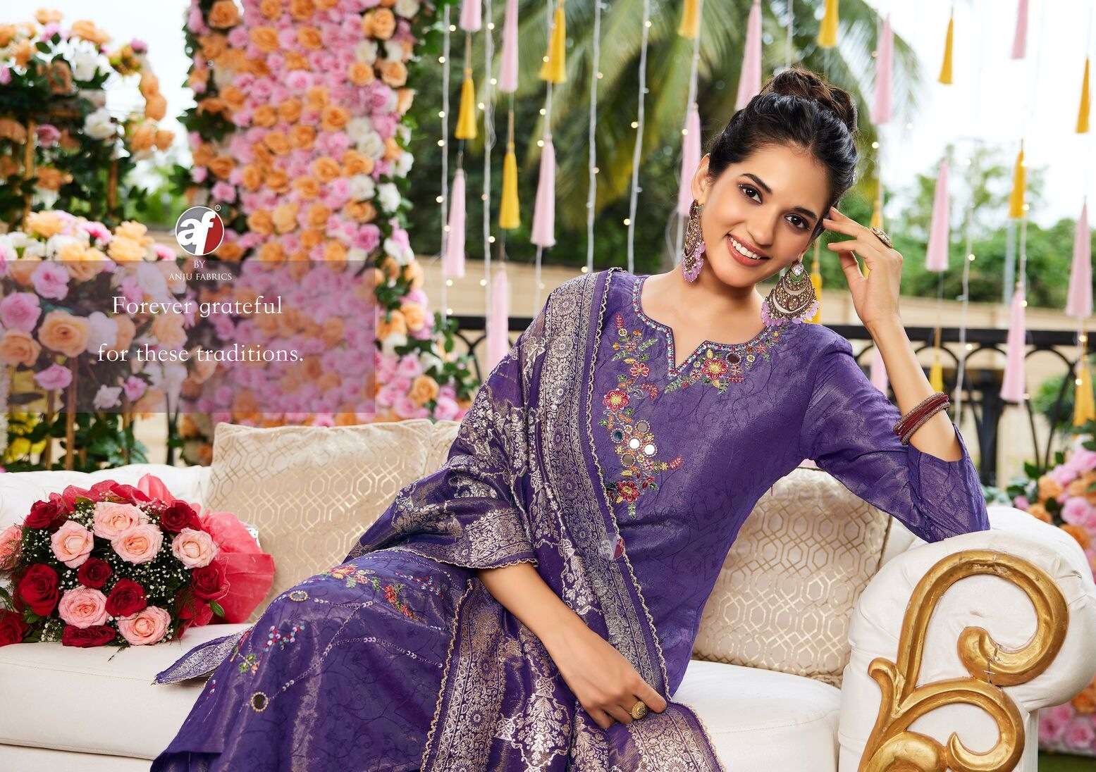 RANGAT BY ANJU FABRICS IN TISSUE SHIMMER WITH SELF DESIGN KURTI PANT WITH CONTRAST DUPATTA 