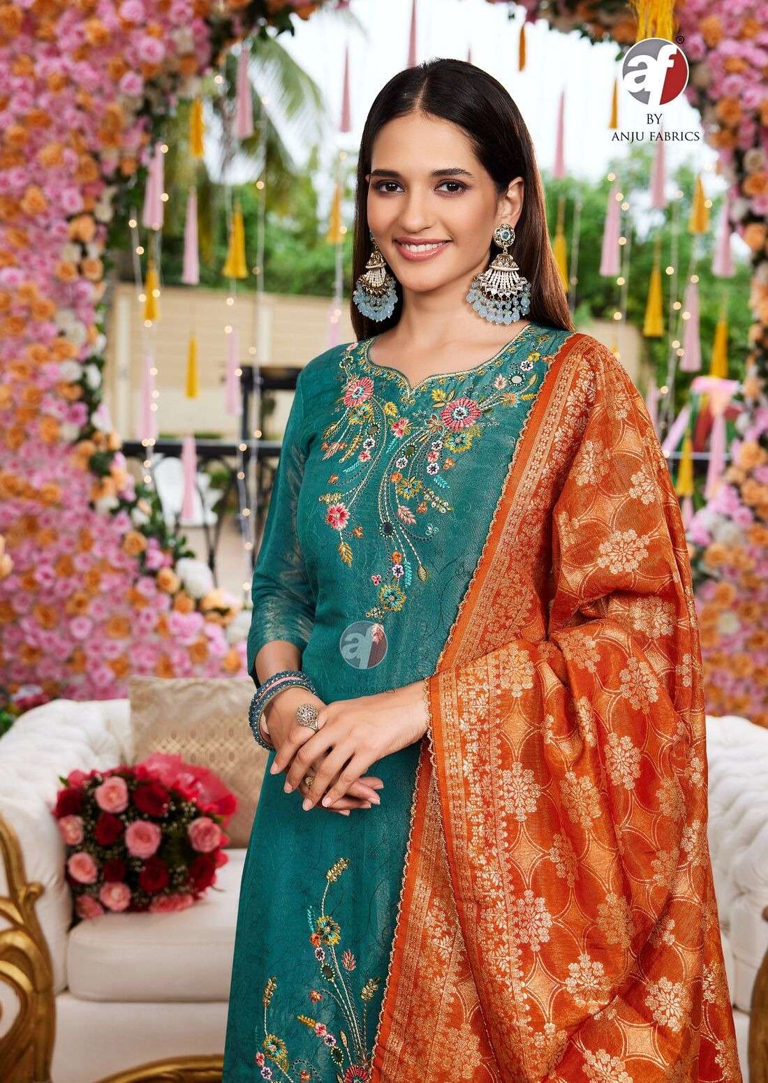 RANGAT BY ANJU FABRICS IN TISSUE SHIMMER WITH SELF DESIGN KURTI PANT WITH CONTRAST DUPATTA 