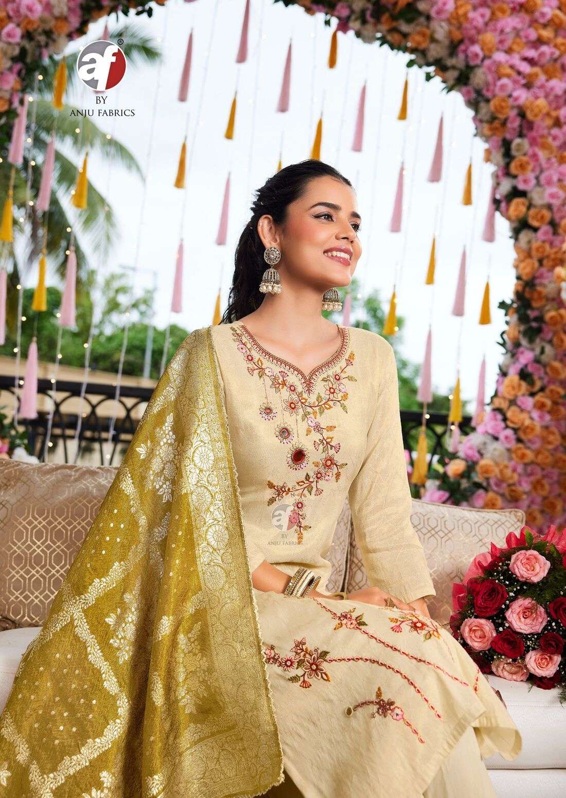 RANGAT BY ANJU FABRICS IN TISSUE SHIMMER WITH SELF DESIGN KURTI PANT WITH CONTRAST DUPATTA 