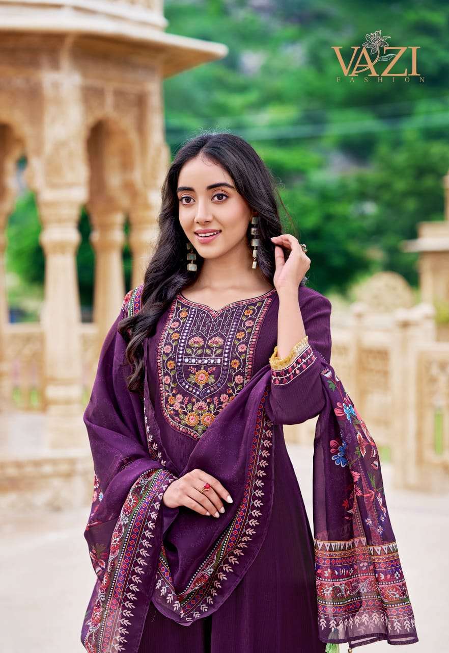 SABOORI BY VAZI FASHION IN PURE VISCOSE CHIFFON KURTI PANT & DUPATTA WITH WORK 