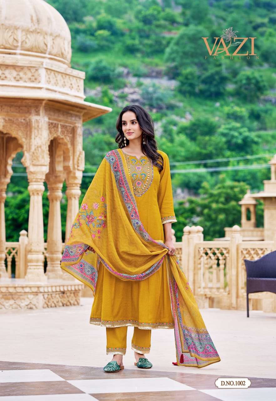 SABOORI BY VAZI FASHION IN PURE VISCOSE CHIFFON KURTI PANT & DUPATTA WITH WORK 