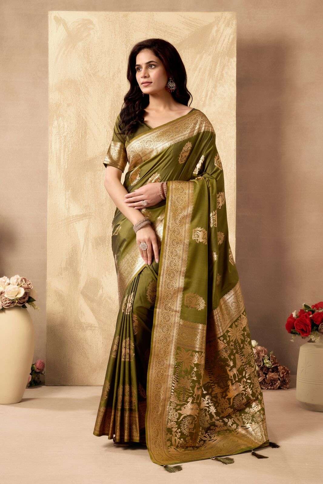 SABYA SACHI BY TEXOFAB IN FANCY SILK WITH ZHALLAR 6.30 MTR WITH BLOUSE 
