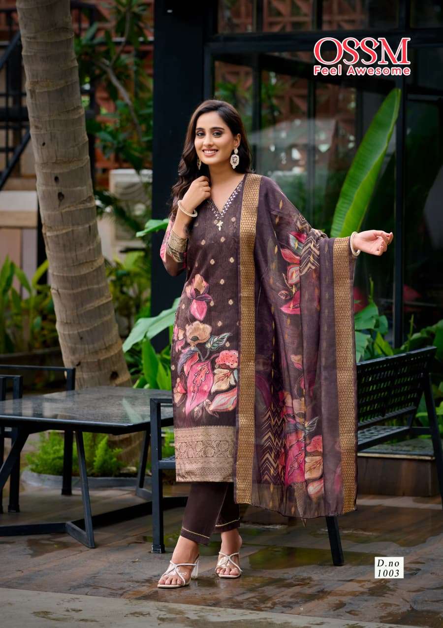 SAJNI BY OSSM IN SILK JACQUARD DIGITAL PRINT WITH ASTER AND MIRROR WORK 