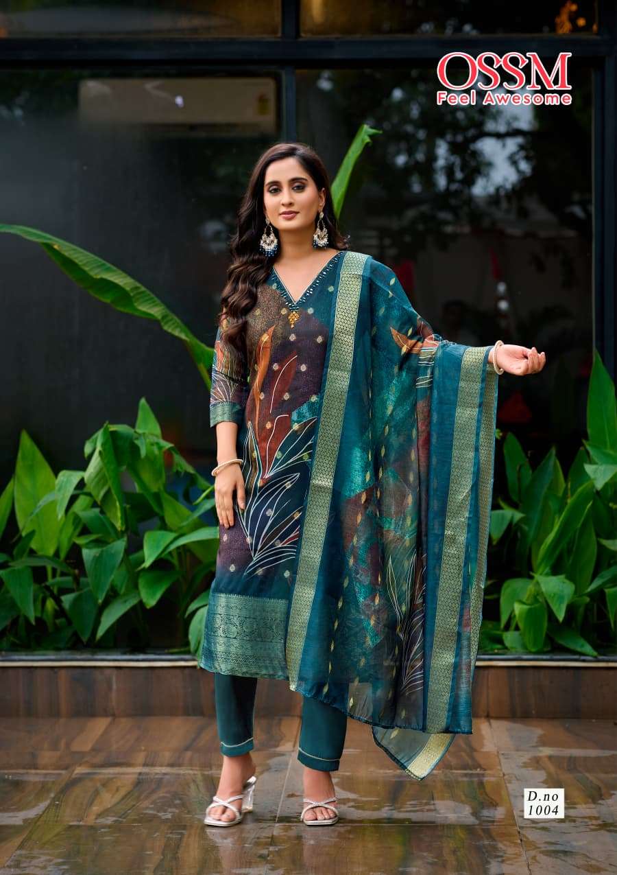 SAJNI BY OSSM IN SILK JACQUARD DIGITAL PRINT WITH ASTER AND MIRROR WORK 
