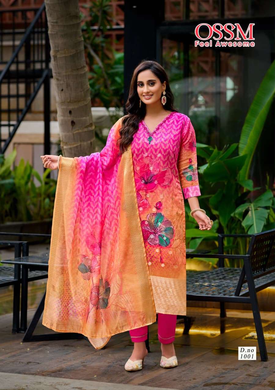 SAJNI BY OSSM IN SILK JACQUARD DIGITAL PRINT WITH ASTER AND MIRROR WORK 