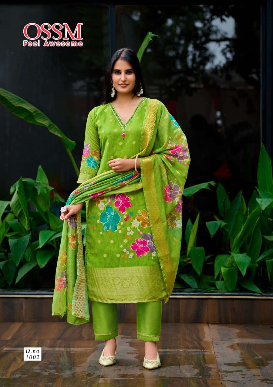 SAJNI BY OSSM IN SILK JACQUARD DIGITAL PRINT WITH ASTER AND MIRROR WORK 
