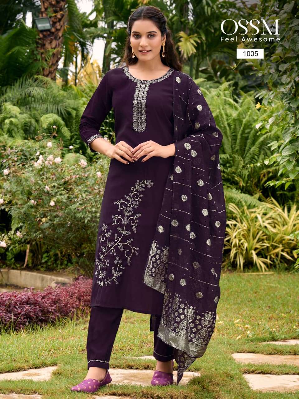 SHAGUN BY OSSM IN VISCOSE ROMAN SILK WITH HEAVY EMBROIDERY AND PANT POCKET 