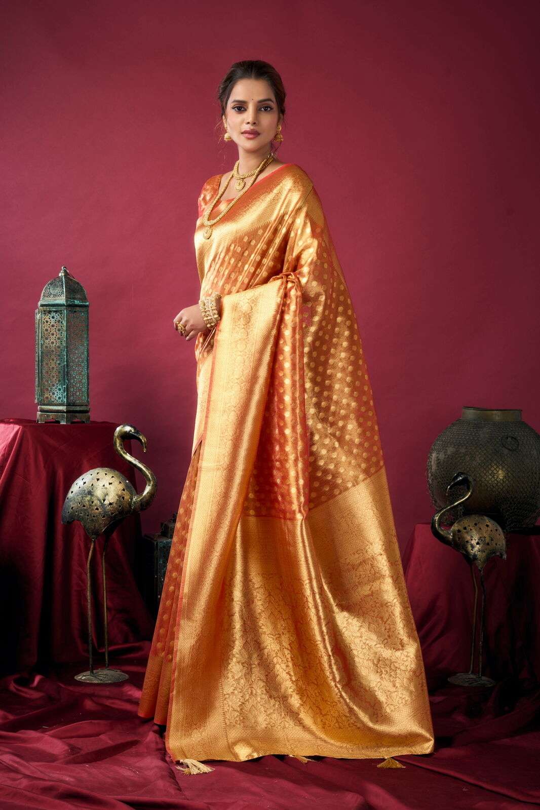 SHRINGAR BY TEXOFAB IN PURE TISSUE SILK WITH ZHALLAR 6.30 MTR WITH BLOUSE 