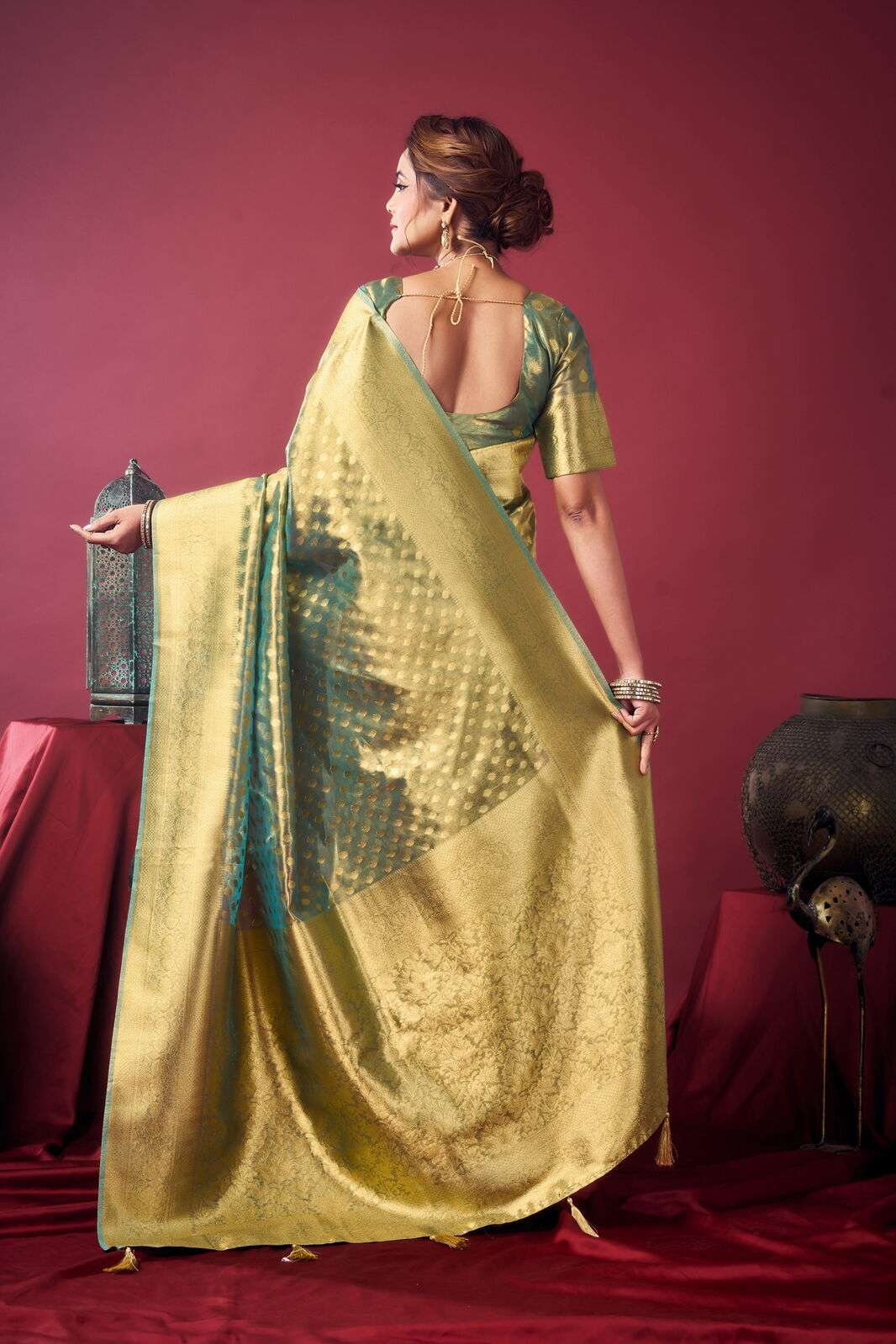 SHRINGAR BY TEXOFAB IN PURE TISSUE SILK WITH ZHALLAR 6.30 MTR WITH BLOUSE 