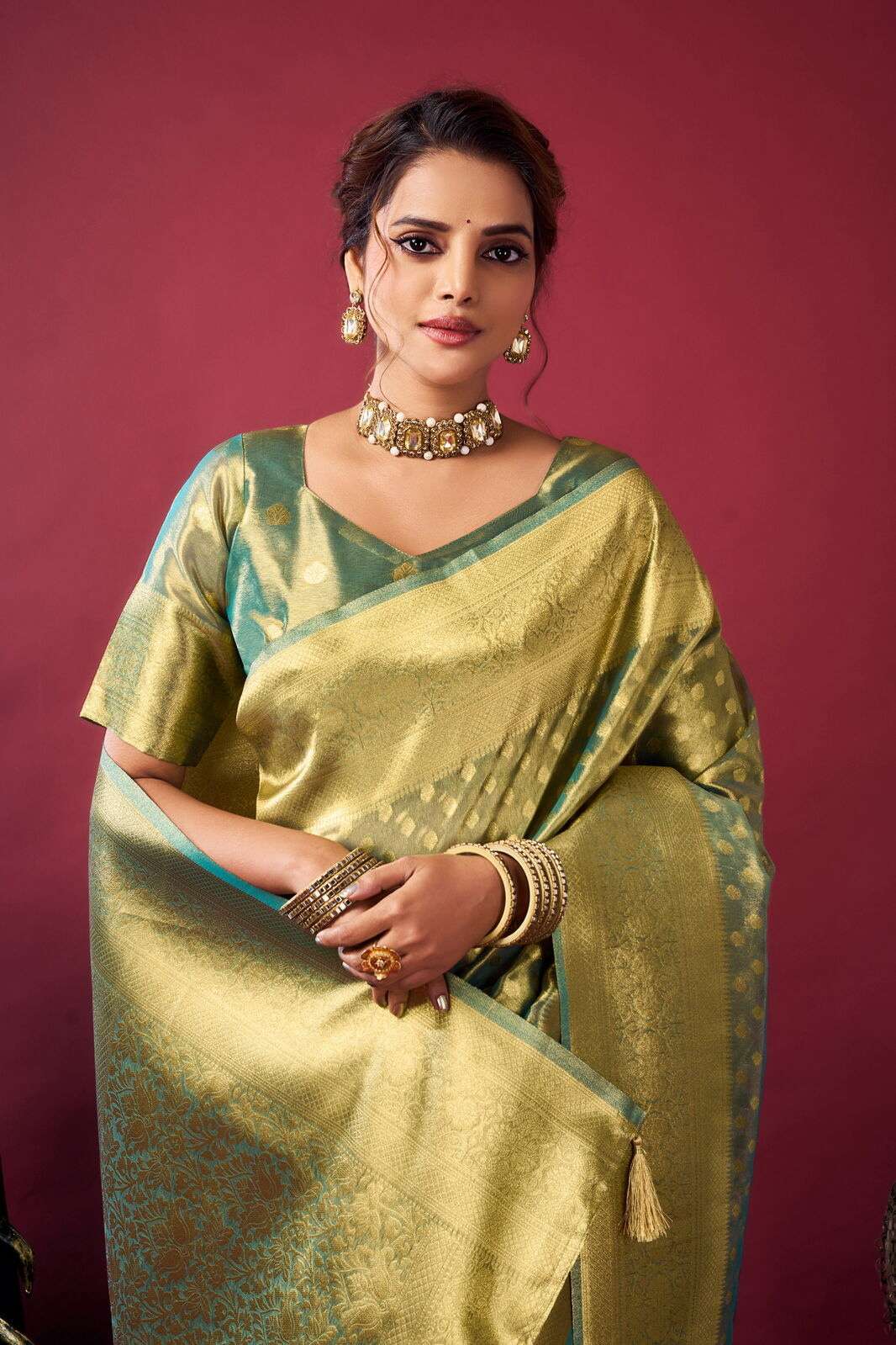 SHRINGAR BY TEXOFAB IN PURE TISSUE SILK WITH ZHALLAR 6.30 MTR WITH BLOUSE 