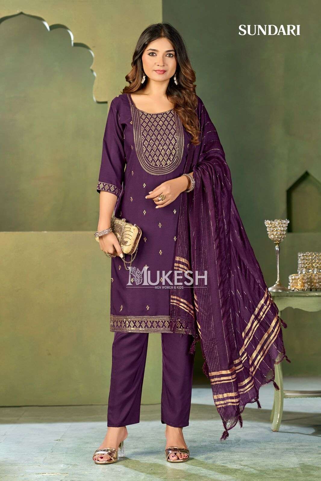 SUNDARI BY MUKESH IN MALAI CRAPE WITH HEAVY EMBROIDERY KURTI PANT DUPATTA 