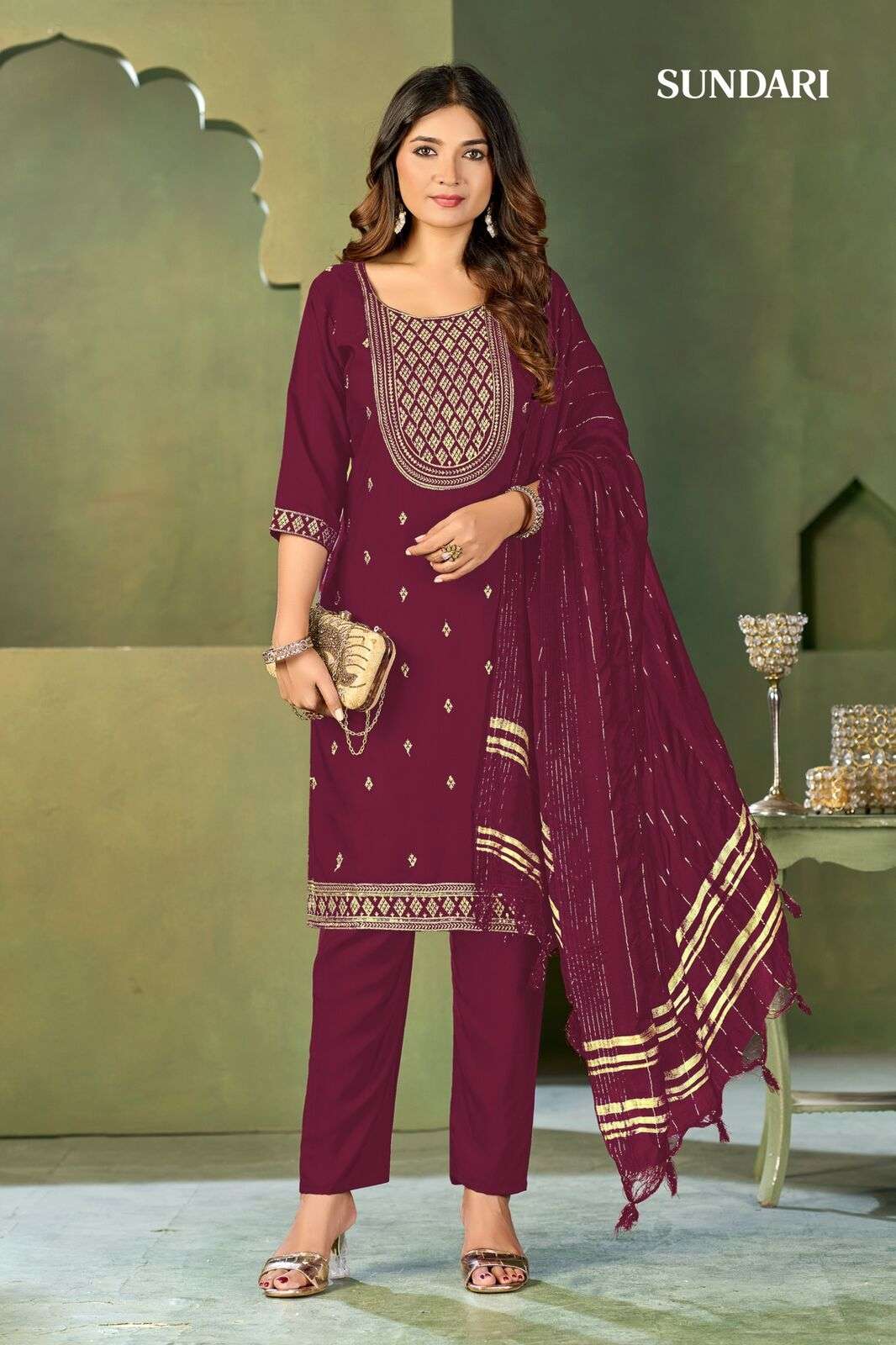 SUNDARI BY MUKESH IN MALAI CRAPE WITH HEAVY EMBROIDERY KURTI PANT DUPATTA 
