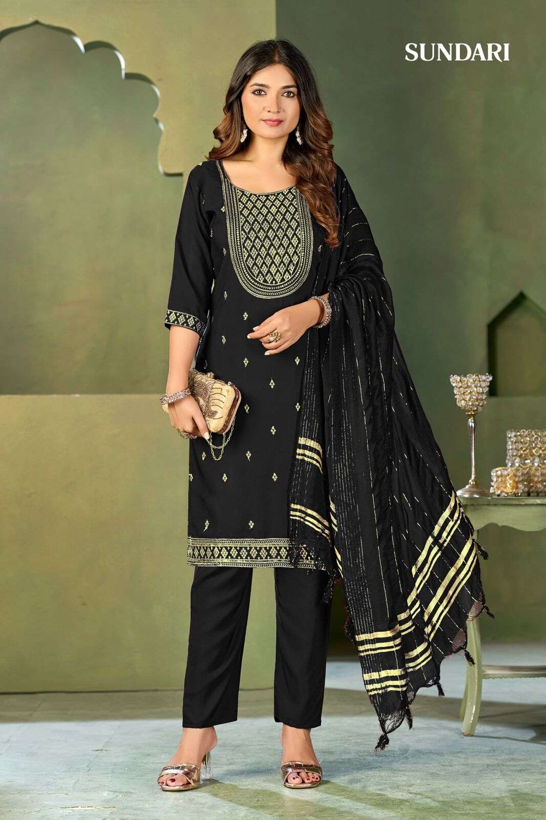 SUNDARI BY MUKESH IN MALAI CRAPE WITH HEAVY EMBROIDERY KURTI PANT DUPATTA 