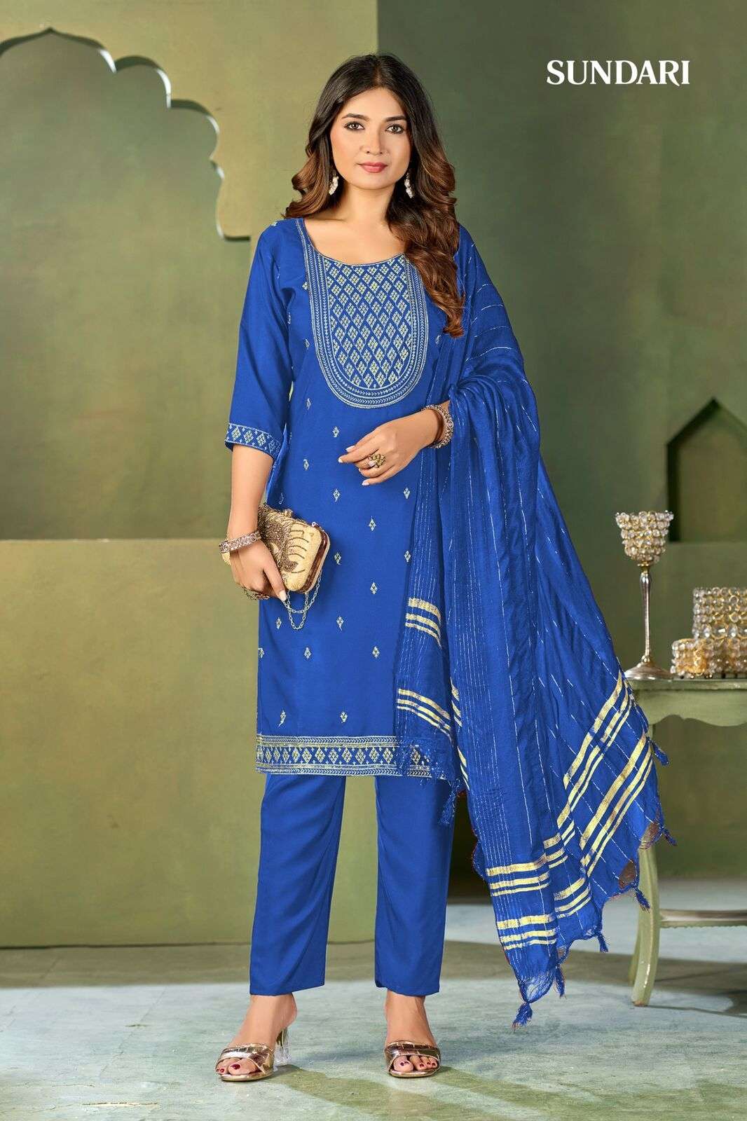 SUNDARI BY MUKESH IN MALAI CRAPE WITH HEAVY EMBROIDERY KURTI PANT DUPATTA 