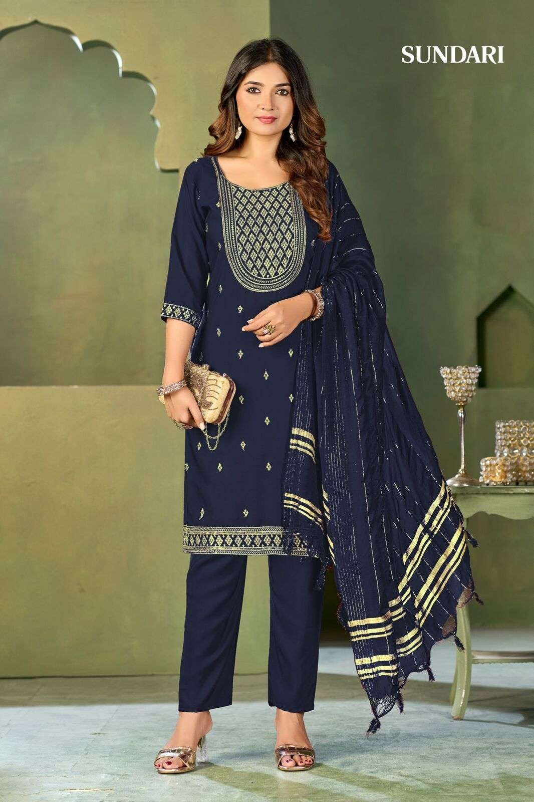 SUNDARI BY MUKESH IN MALAI CRAPE WITH HEAVY EMBROIDERY KURTI PANT DUPATTA 