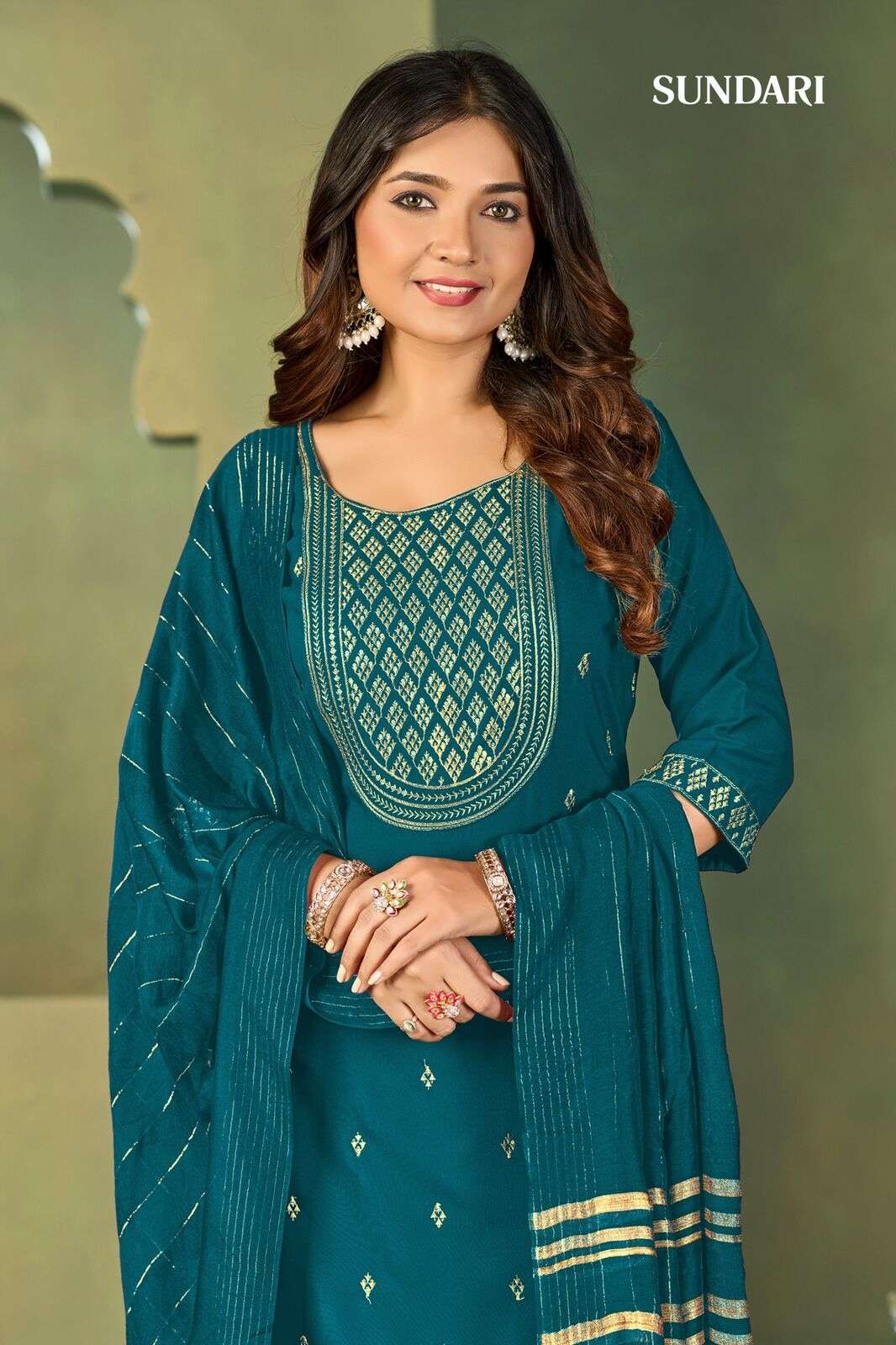 SUNDARI BY MUKESH IN MALAI CRAPE WITH HEAVY EMBROIDERY KURTI PANT DUPATTA 