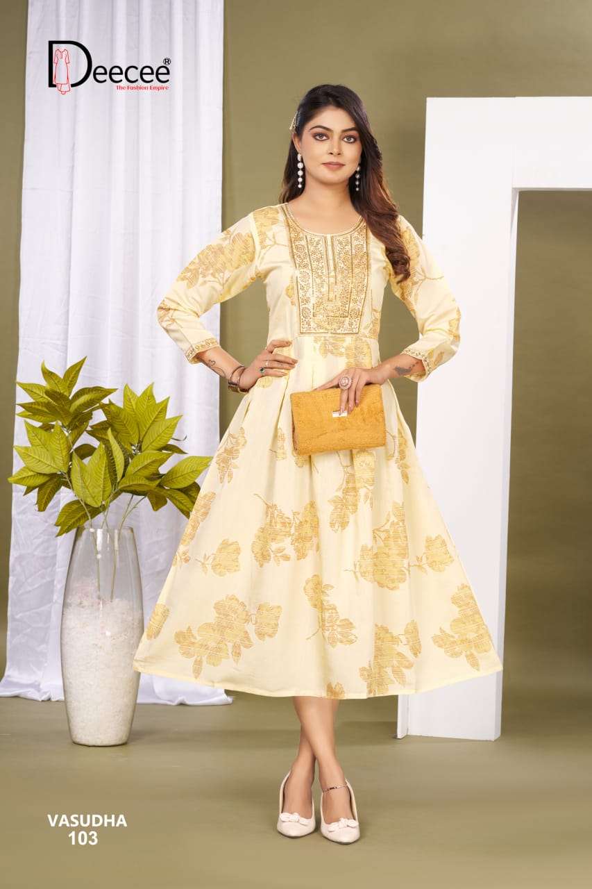 VASUDHA BY DEECEE IN ROMAN FOIL PRINT WITH INNER AND EMBROIDERY WORK 