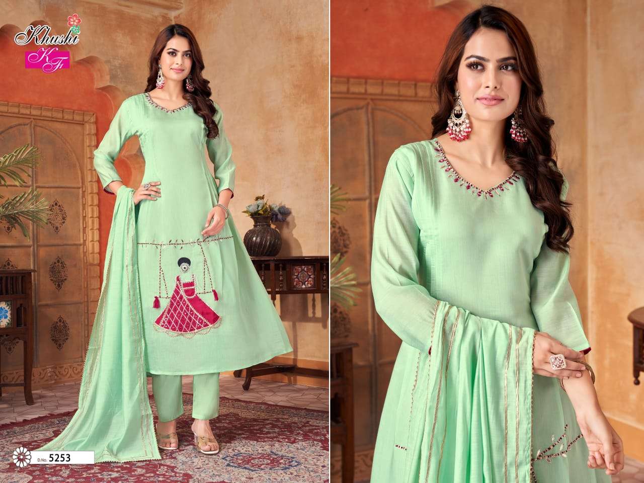 VOL-2 BY KHUSHI FASHION IN MAL CHANDRI KURTI PENT DUPATTA SET WITH WORK 