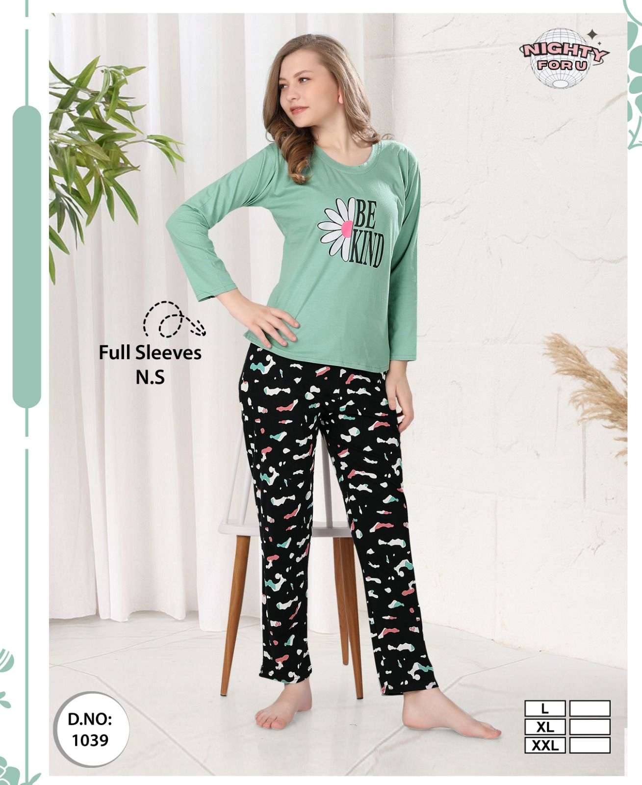 D.NO :- 1039 BY NIGHTY FOR U IN HOSIERY FULL SLEEVES SERIES NIGHT CO-ORD SUIT 