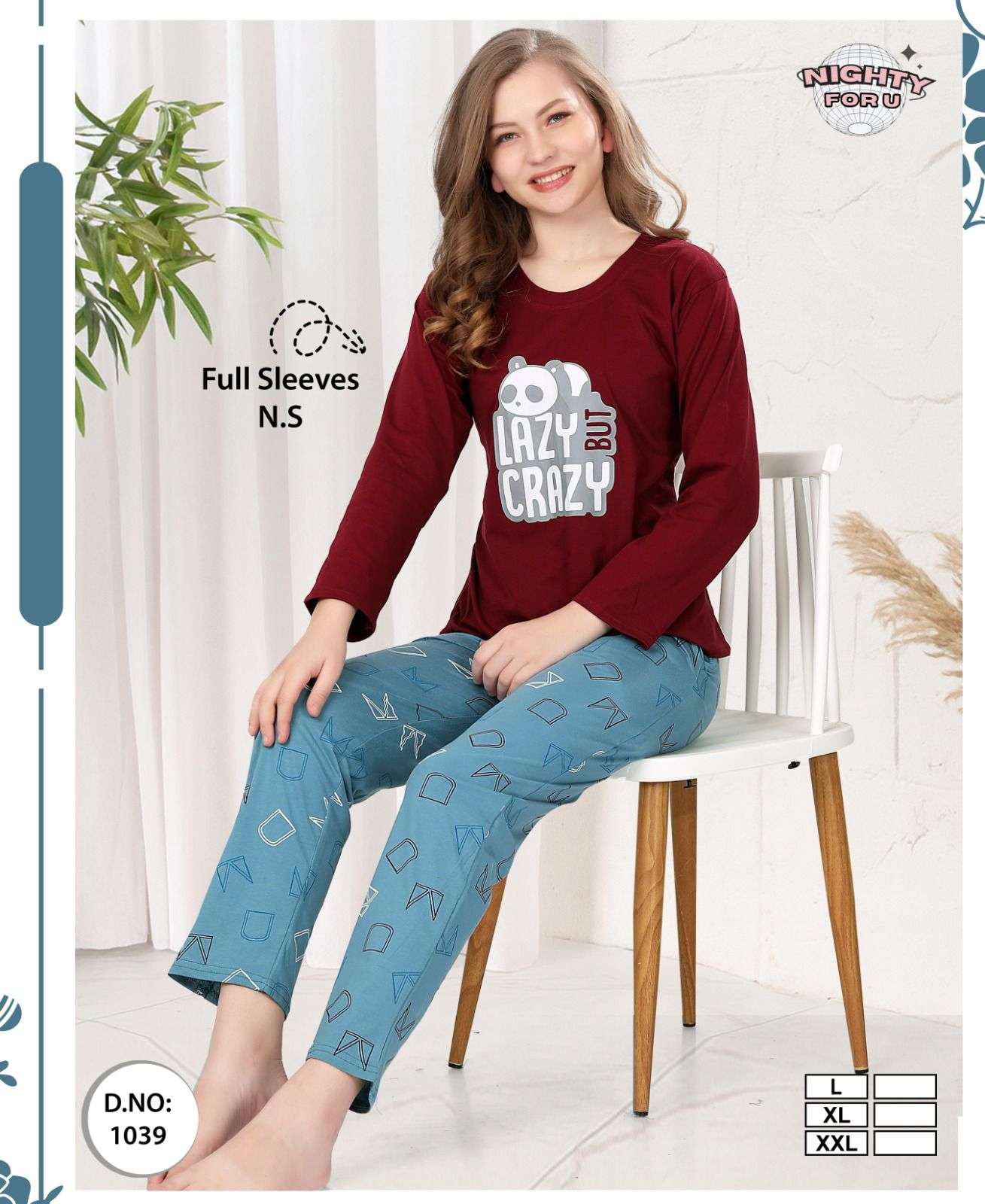 D.NO :- 1039 BY NIGHTY FOR U IN HOSIERY FULL SLEEVES SERIES NIGHT CO-ORD SUIT 