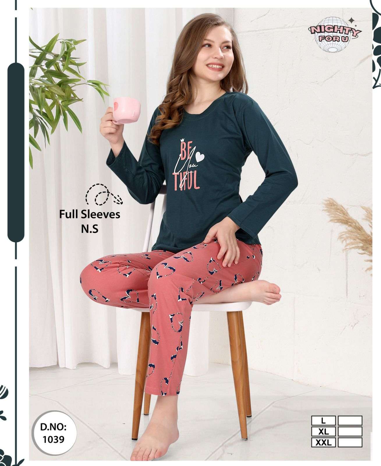 D.NO :- 1039 BY NIGHTY FOR U IN HOSIERY FULL SLEEVES SERIES NIGHT CO-ORD SUIT 