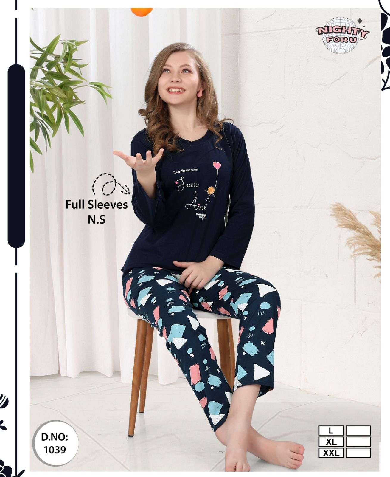 D.NO :- 1039 BY NIGHTY FOR U IN HOSIERY FULL SLEEVES SERIES NIGHT CO-ORD SUIT 