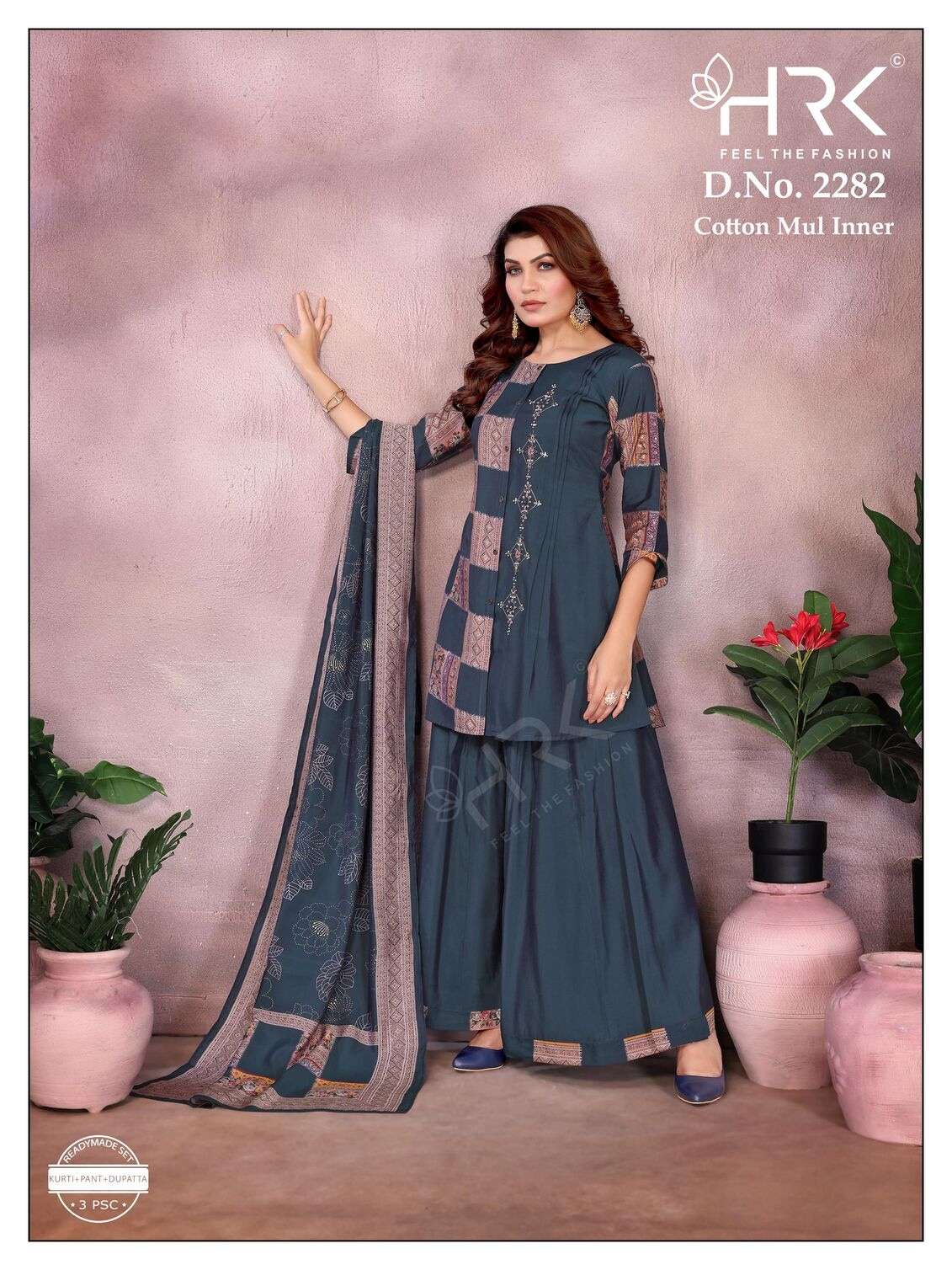 D.NO :- 2282 BY HRK IN ROMAN SILK PLAIN & PRINT WITH HAND WORK AND COTTON MUL INNER 