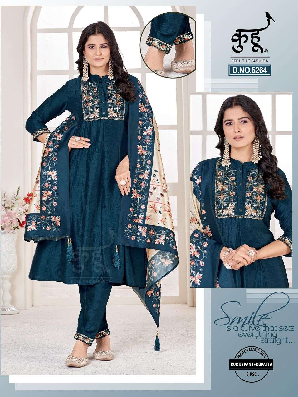 D.NO :- 5262 TO 5264 BY KUHOO IN BSY CHINON SILK READYMADE SET KURTI PANT DUPATTA