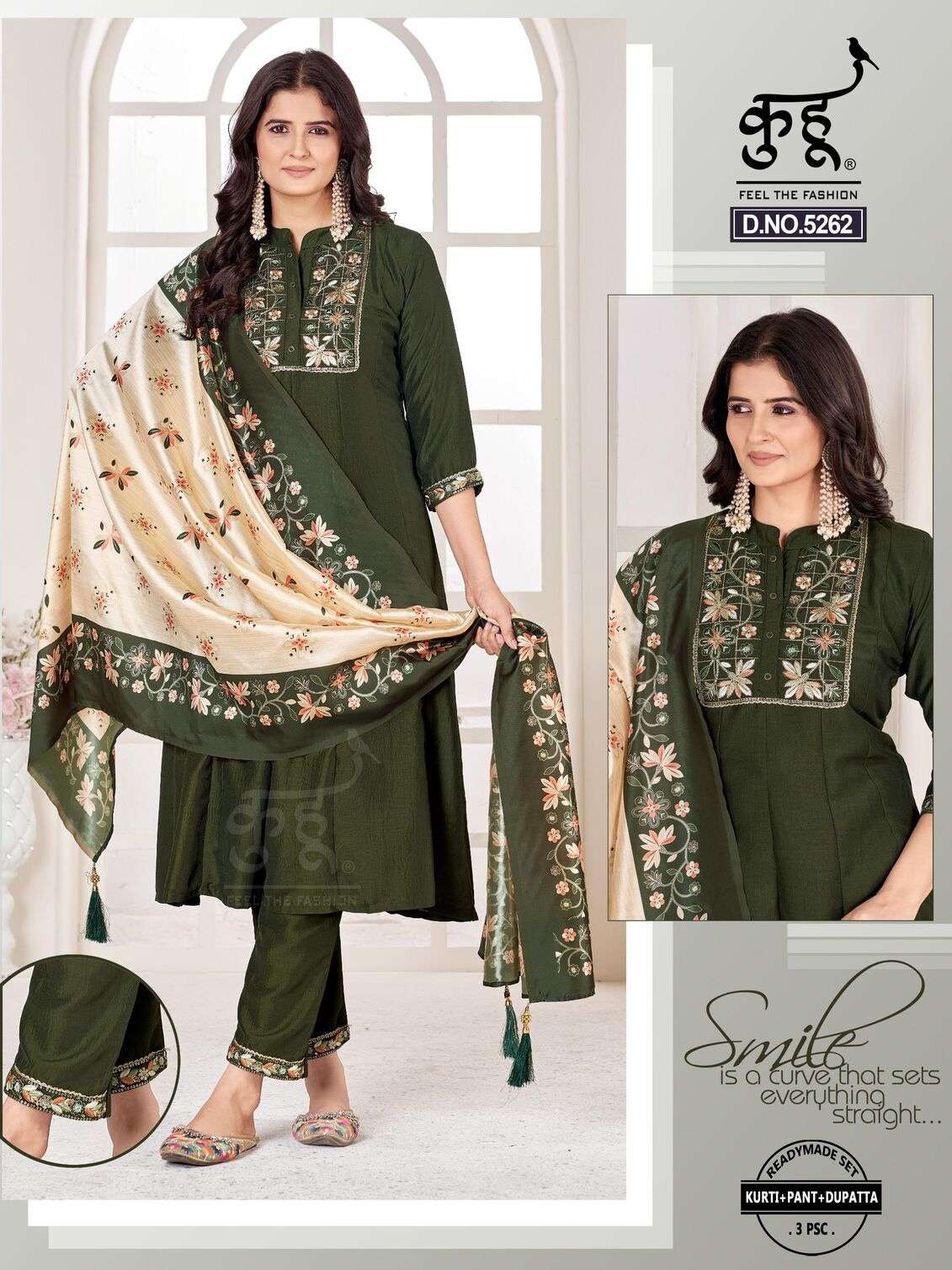 D.NO :- 5262 TO 5264 BY KUHOO IN BSY CHINON SILK READYMADE SET KURTI PANT DUPATTA