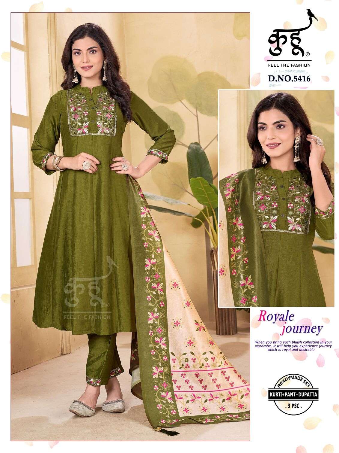 D.NO :- 5414 TO 5416 BY KUHOO IN BSY CHINON SILK READYMADE SET KURTI PANT DUPATTA