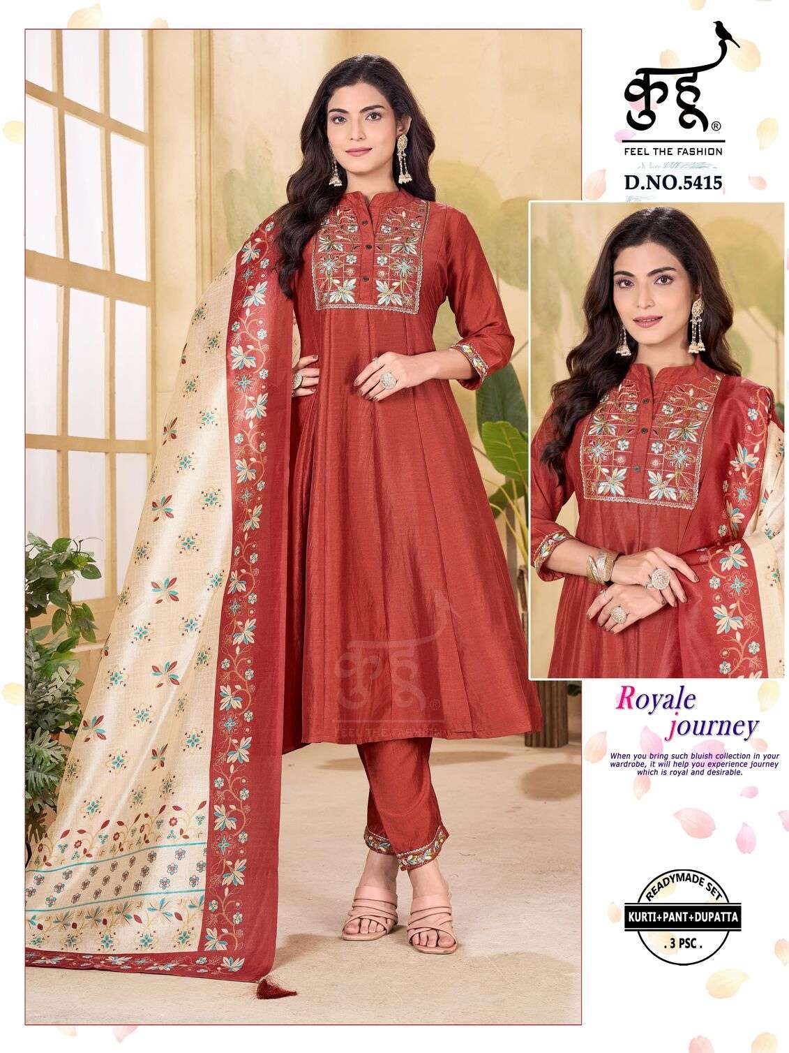 D.NO :- 5414 TO 5416 BY KUHOO IN BSY CHINON SILK READYMADE SET KURTI PANT DUPATTA