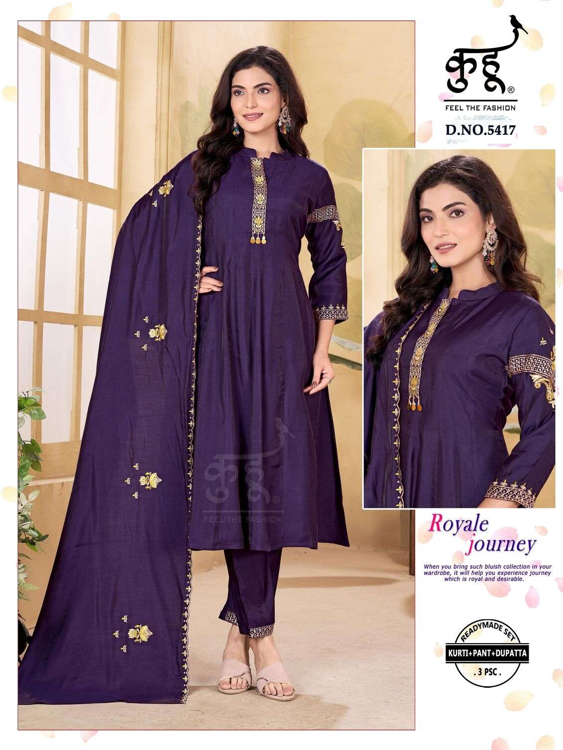 D.NO :- 5417 TO 5420 BY KUHOO IN SATIN VISCOSE SILK READYMADE SET KURTI PANT DUPATTA