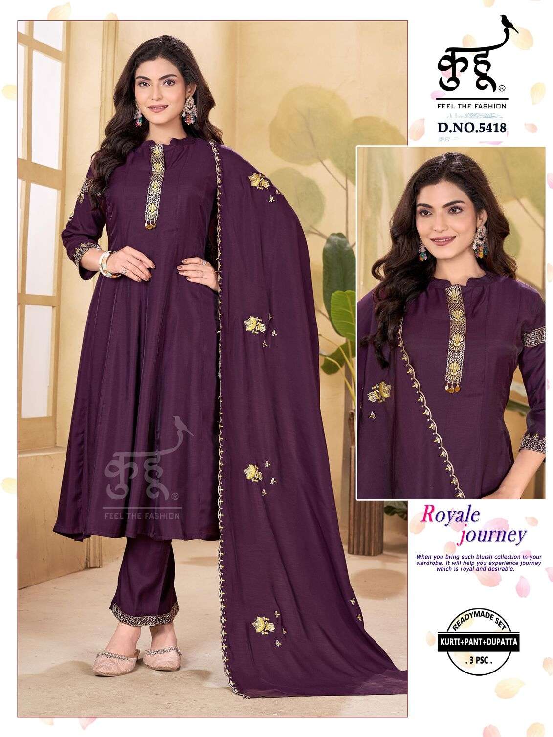D.NO :- 5417 TO 5420 BY KUHOO IN SATIN VISCOSE SILK READYMADE SET KURTI PANT DUPATTA