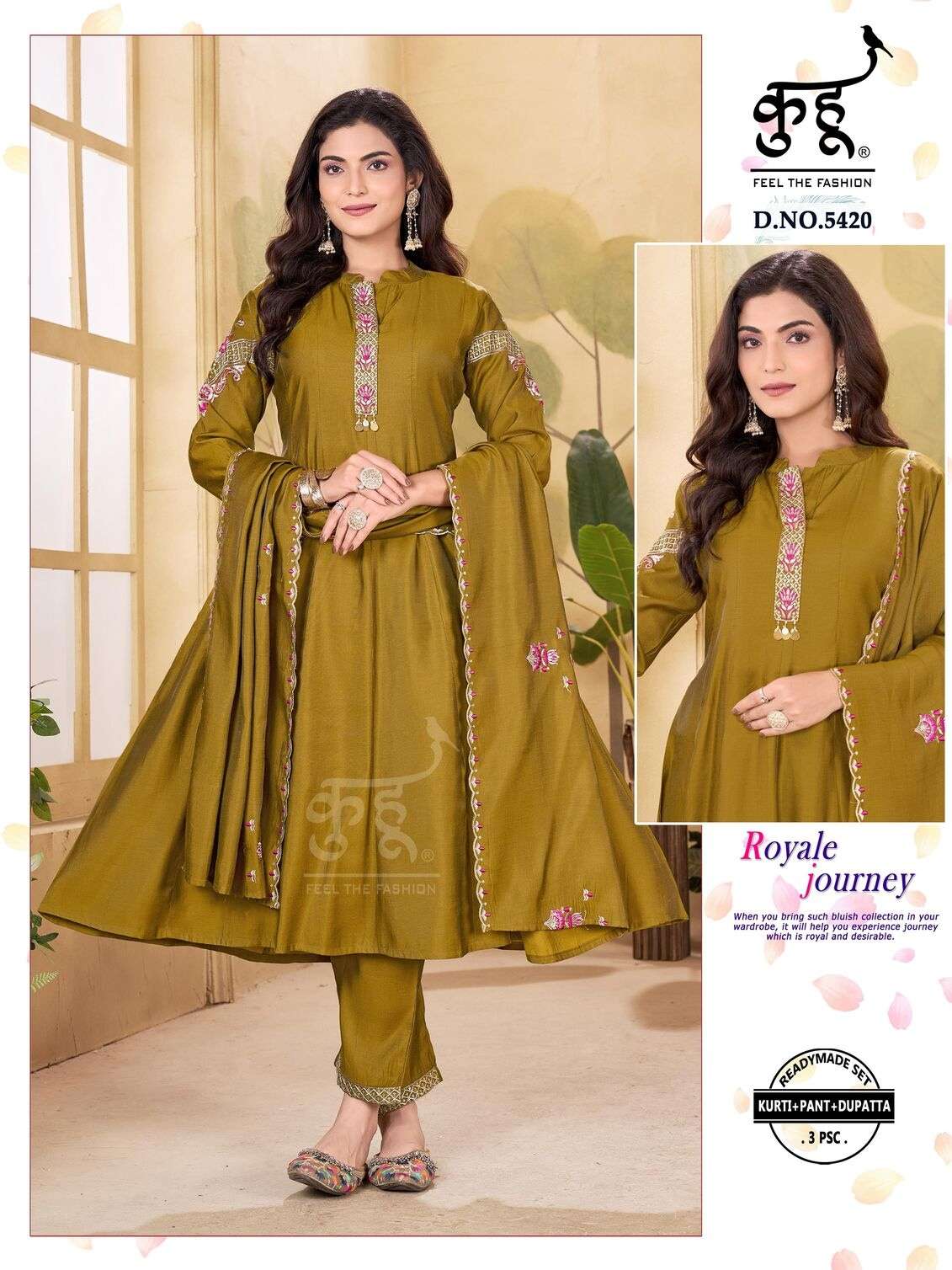 D.NO :- 5417 TO 5420 BY KUHOO IN SATIN VISCOSE SILK READYMADE SET KURTI PANT DUPATTA