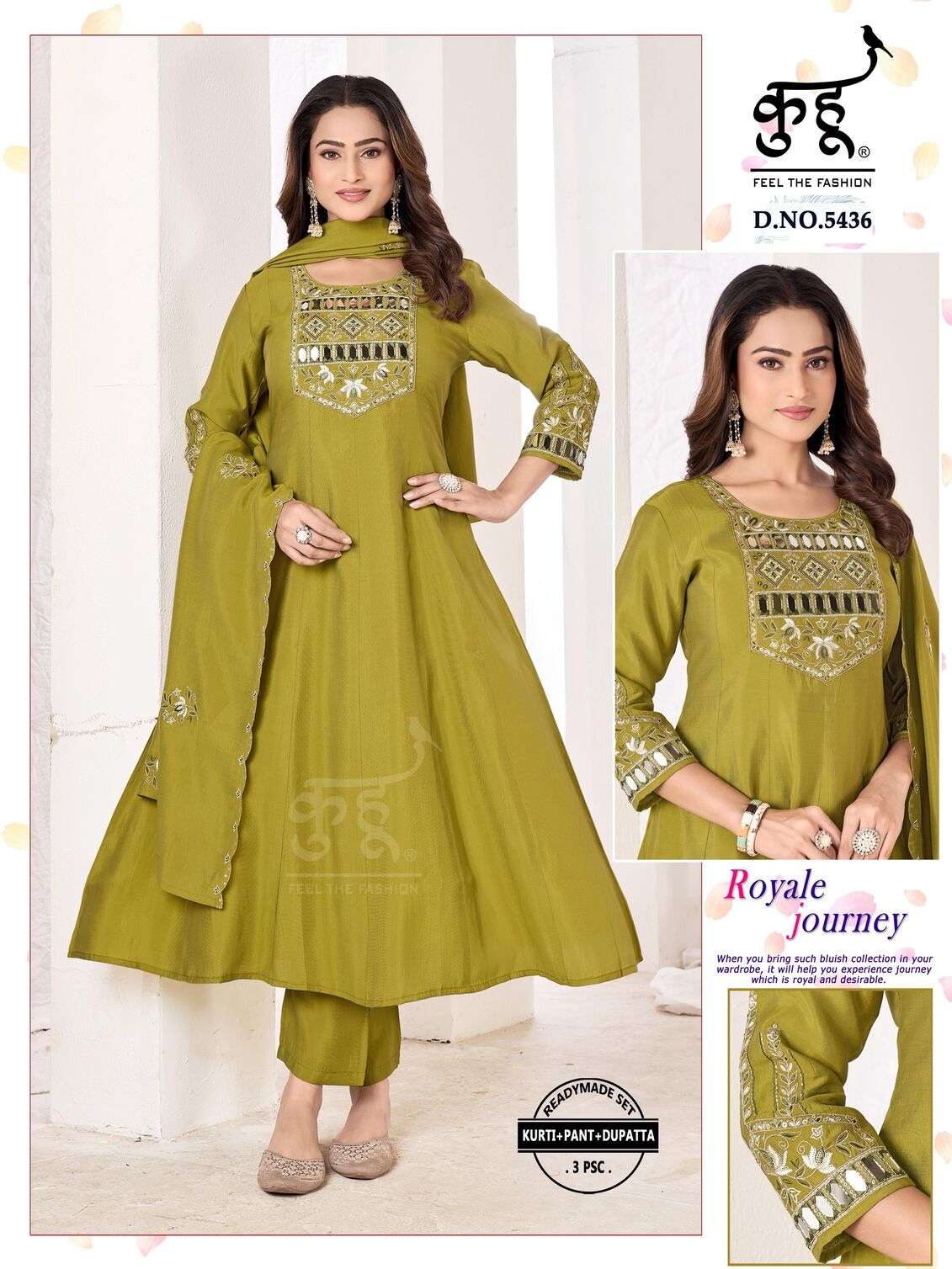 D.NO :- 5433 TO 5436 BY KUHOO IN NATURAL SILK READYMADE SET KURTI PANT DUPATTA